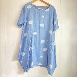 Tunic Dress Italy Blue Linen Polka Dot Lagenlook Asymmetrical Pockets Boxy L